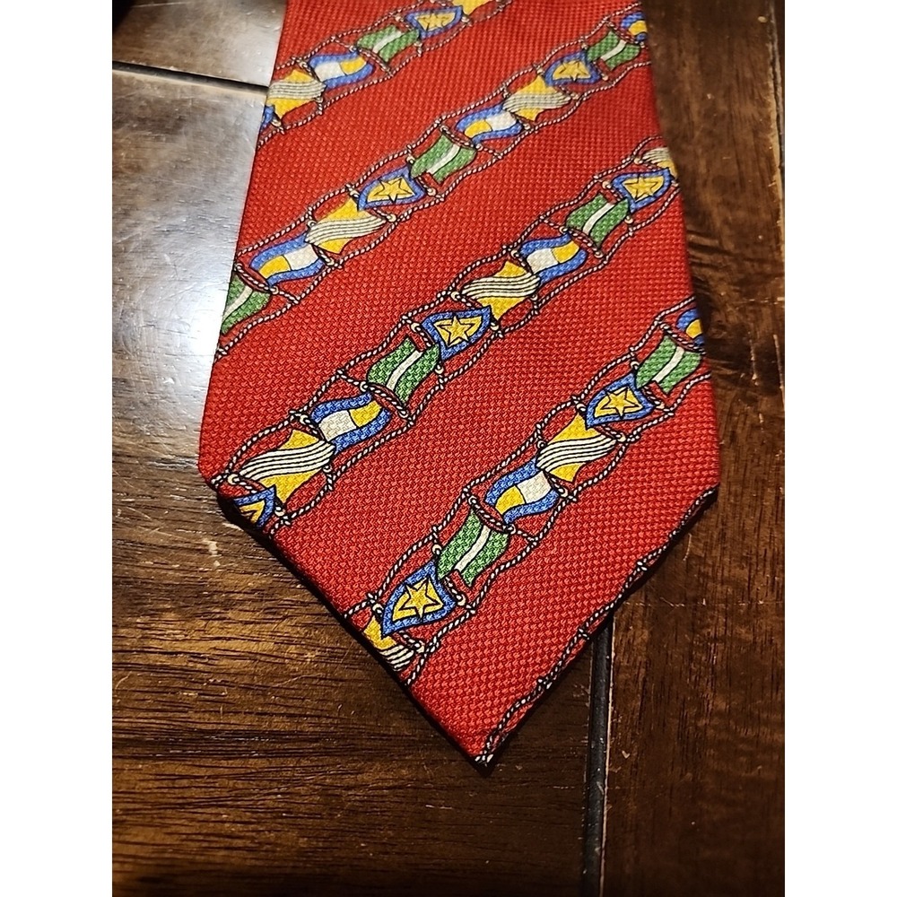 Tommy Hilfiger Red Mens Tie 1990's Nautical Flags Rope Emblem 100% Silk Vintage